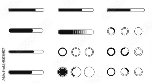 Collection of loading bars and circular progress indicators in various styles, representing download, upload, and processing states.