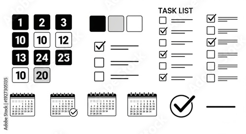 Checklist and calendar icons with numbers and checkmarks, illustrating task management, planning, and organizational concepts.