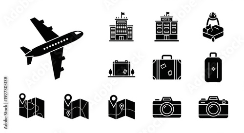 Travel and tourism icon set featuring an airplane, hotels, luggage, and maps, perfect for vacation planning and travel services.
