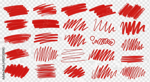 Vibrant red marker strokes and scribbles on a transparent background, ideal for highlighting text or adding energetic accents.