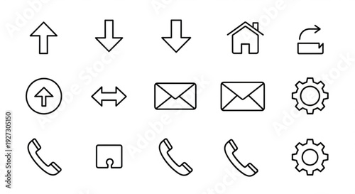 Minimalist outline icons for navigation and communication, including arrows, mail, phone, and settings, suitable for app interfaces.