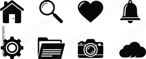 User interface icons silhouettes illustration vector app navigation digital software graphics, technology design concept, black and white creative art collection