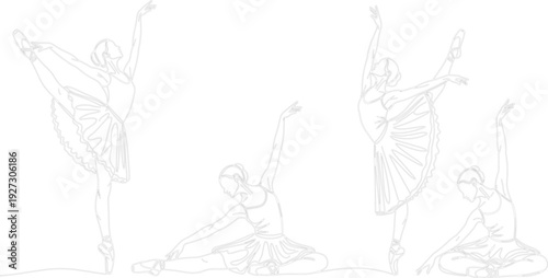 Set of Minimalist Fine Line Art Ballerina Silhouettes Performing Graceful Ballet Poses and Stretches for Artistic Dance Studio Decor and Modern Aesthetic Graphic Designs