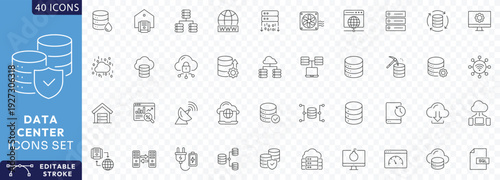Data Center editable icon set. Containing server, hosting, cloud computing, security, internet, computer, data processing, Etc. Fully Editable. Vector illustration.
