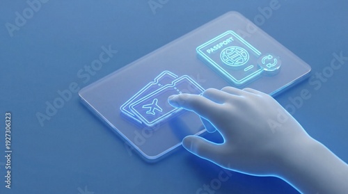 Digital hand interacts with holographic travel tickets and passport icons. Virtual reality concept for online booking and future technology.