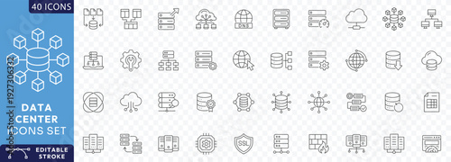 Data Center editable icon set. Containing server, hosting, cloud computing, security, internet, computer, data processing, Etc. Fully Editable. Vector illustration.