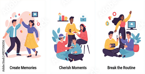 Set of Lifestyle Concept Illustrations for Mindfulness and Connection Featuring Friends High Five Sharing Food and Socializing with Technology for Modern Community Designs