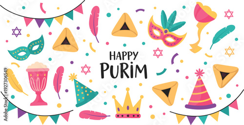 Happy Purim Jewish Holiday Greeting Background with Hamantaschen Cookies Carnival Masks Party Hats Star of David and Festive Confetti for Traditional Religious Celebration