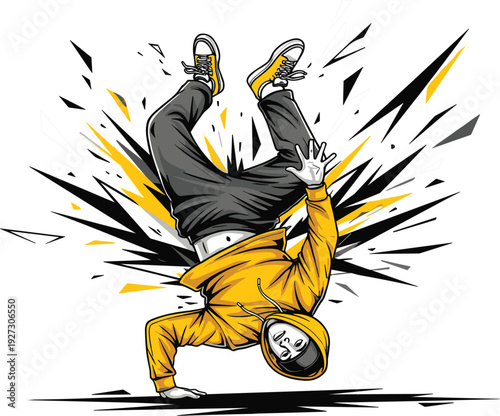 Dynamic Male Breakdancer Performing One Hand Stand Power Move with Urban Street Style Aesthetic and Energetic Geometric Splatter Background for Hip Hop Culture Designs