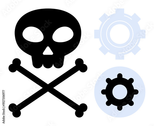 Cybersecurity threat. Skull and crossbones malware and digital risks. Gears highlight system vulnerabilities. Cybersecurity safeguarding networks. For security, technology, protection, IT