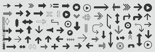 A diverse collection of black vector arrows in various styles, directions, and sizes, presented on a neutral gray background, ideal for web design and UI elements.