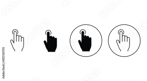 Set of diverse cursor icons illustrating touch gestures for digital interfaces, including finger tap, click, and selection actions in various styles like outline and solid black.