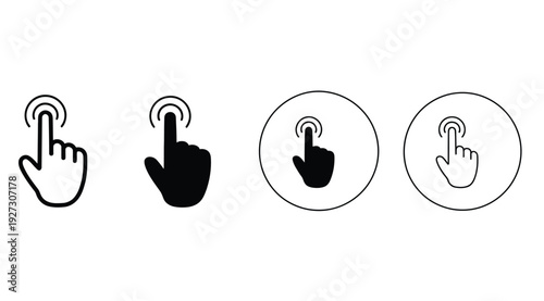 Set of diverse cursor icons illustrating touch gestures for digital interfaces, including finger tap, click, and selection actions in various styles like outline and solid black.
