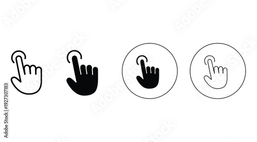 Set of diverse cursor icons illustrating touch gestures for digital interfaces, including finger tap, click, and selection actions in various styles like outline and solid black.