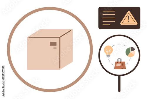 E-commerce, shipping logistics, consumer safety, retail analytics, online shopping, innovation. Cardboard box with warning sign and data symbols. E-commerce and shipping logistics concept