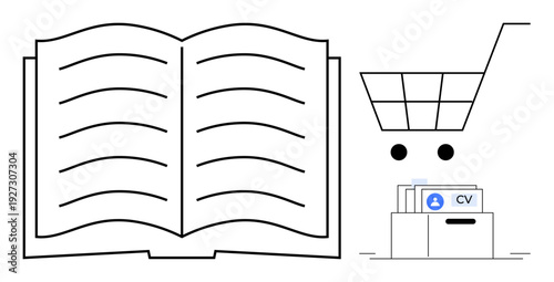 Career concept. Career growth is ed through open books, document filing, and shopping cart symbols, reflecting education, job opportunities, and commerce. For business, education and e-learning