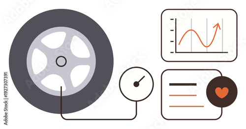 Vehicle diagnostics, performance monitoring, tire pressure, automotive safety, fuel efficiency, preventive maintenance. Tire connected to a gauge and graphs. Vehicle diagnostics and performance