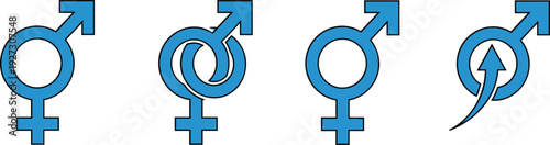 Set of blue gender symbols including male female and combined icons isolated on white background for health education and social identity