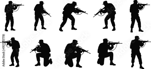 Set of military soldier silhouettes standing and kneeling with assault rifles tactical infantry personnel group vector icons for army warfare and combat mission design
