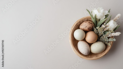 Easter Basket Flat Lay with Tulips and Eggs Space for Copy