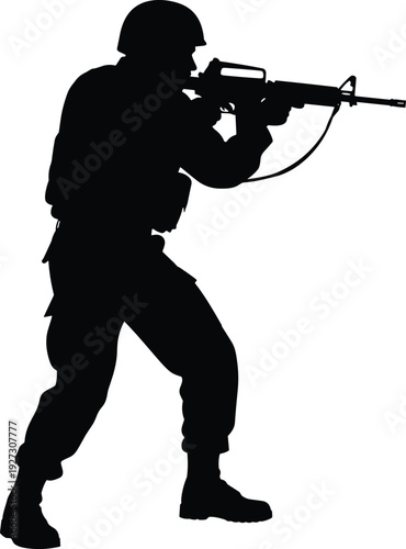 Soldier silhouette aiming assault rifle, military tactical gear, army commando shooting gun, special forces warrior, combat infantry man, defense security vector black illustration isolated