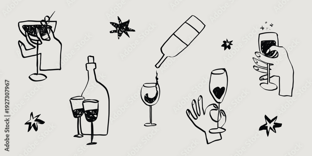 Fototapeta premium Whimsical chalk doodles of wine glasses and cheers. Perfect sketch for party invitations and parisian restaurant menus in crayon style. La dolce vita italian vector illustration