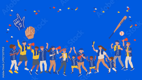 野球の試合を応援するサポーター、試合を観戦する観客たちと子どもたちのベクターイラストテンプレート フレーム 16:9 Vector Illustration Template of Baseball Fans Cheering at a Game.