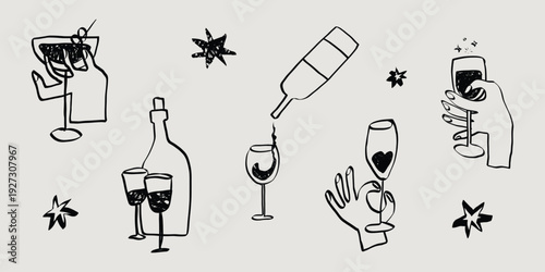 Whimsical chalk doodles of wine glasses and cheers. Perfect sketch for party invitations and parisian restaurant menus in crayon style. La dolce vita italian vector illustration