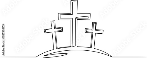 Three Christian crosses on a hill, symbolizing Golgotha, Easter, faith, and religion. Drawing in one line art style with editable black stroke.
