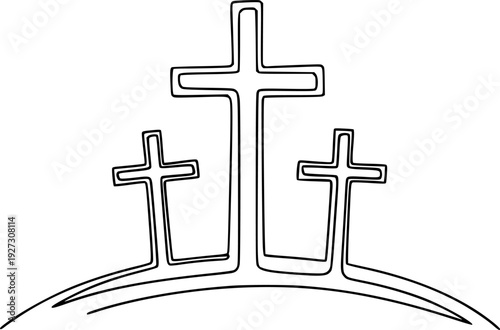 Three Christian crosses on a hill, symbolizing Golgotha, Easter, faith, and religion. Drawing in one line art style with editable black stroke.

