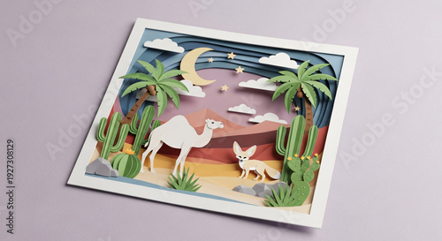 Paper Cut Desert Landscape with Camel Fennec Fox Palm Trees Cacti Moon