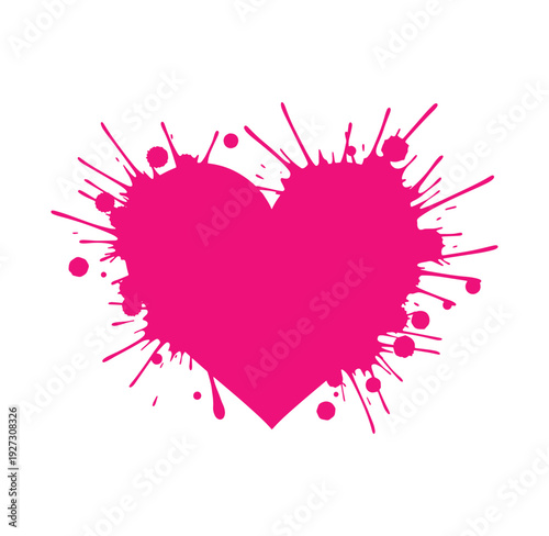 Pink heart shape with splatters and paint drops on white background