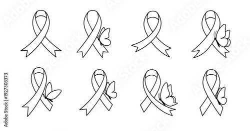 A collection of eight black and white ribbon illustrations depicting various styles and slight decorative flourishes on the symbolic awareness ribbons