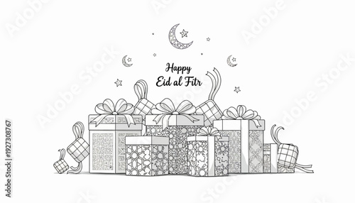 Eid al Fitr celebration with gift boxes and crescent moon.