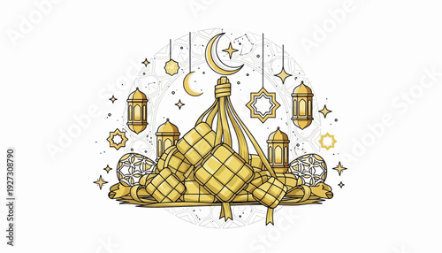 Islamic Ramadan Kareem greeting card with golden ornaments and lanterns.