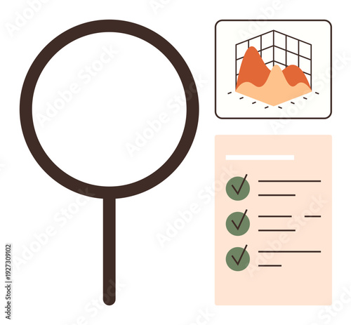 Data analysis, research, business planning, report generation, quality control, and performance evaluation. Magnifying glass with a checklist and graph chart. Data analysis and research tools