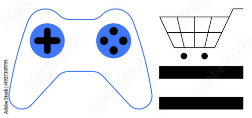 Gaming controller outline with blue buttons beside a shopping cart and equal sign. Ideal for gaming, e-commerce, digital shopping, online marketplaces, gamification, marketing strategies, simple flat