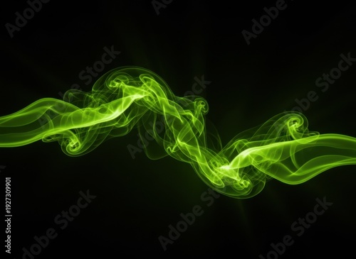 Vibrant Green Smoke Swirling Abstractly Against A Dark Background With Soft Light Rays Emitting From The Left Side
