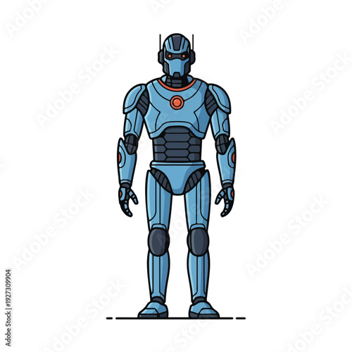 Futuristic robot character in blue metallic armor standing isolated on white