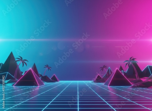 Retro Futuristic Landscape with Neon Pyramids and Palm Trees Under a Gradient Sky