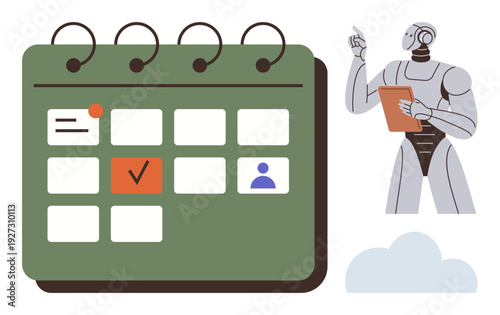 Artificial intelligence, scheduling, task organization, productivity, automation, robotics. A humanoid robot points at a clipboard beside a digital calendar. AI and scheduling focus on productivity