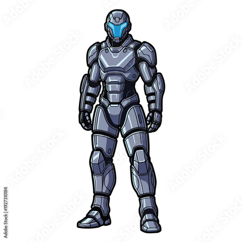 Futuristic Soldier in Advanced Powered Exoskeleton Suit Standing