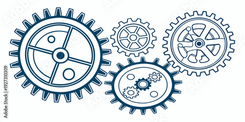 Three interlocking gears with intricate mechanical details and a central gear