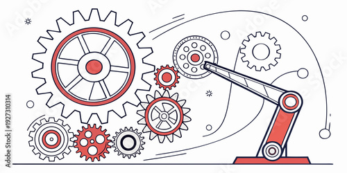 Intricate mechanical illustration featuring gears and a robotic arm in red