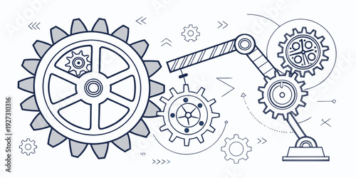 Intricate mechanical drawing featuring gears and robotic arm with a magnifying glass.