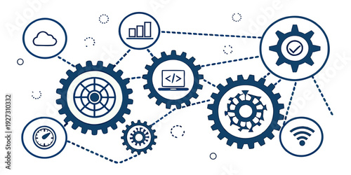 Intricate blue and white gears and icons representing interconnected systems and technology