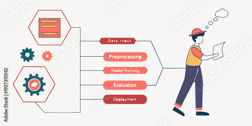 Illustration of a construction worker with a project management flow chart