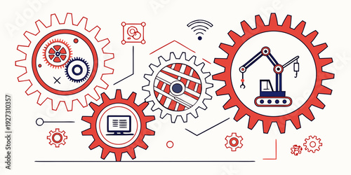 Illustration of interconnected gears representing various construction and industrial processes