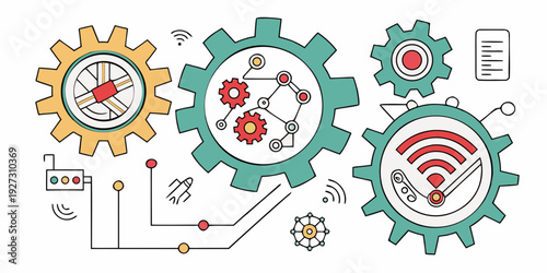 Illustration of interconnected gears representing various aspects of business and technology
