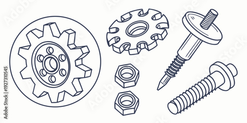 Assorted mechanical parts including gears, bolts, and screws